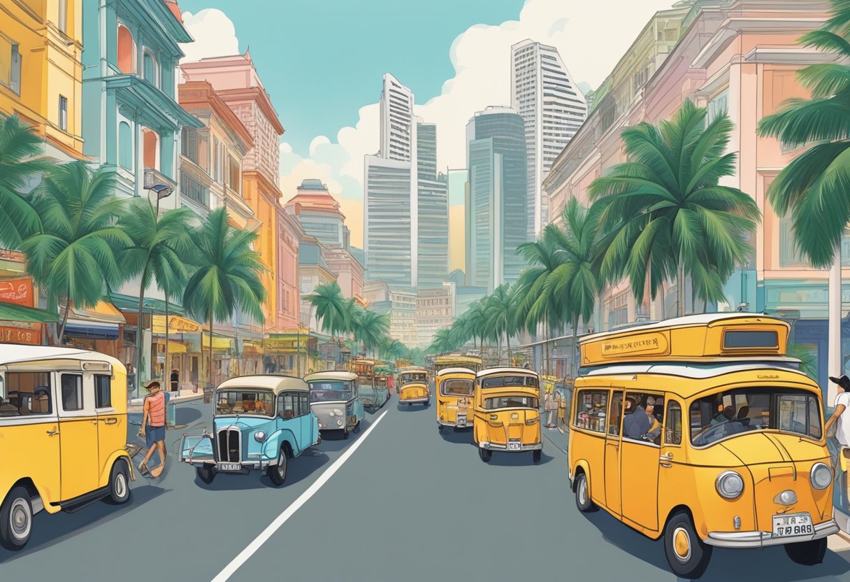 The bustling streets of 1975 Singapore, with colorful shophouses, bustling markets, and rickshaws weaving through the crowds. Tall palm trees and colonial architecture line the roads, while the iconic Marina Bay skyline looms in the distance