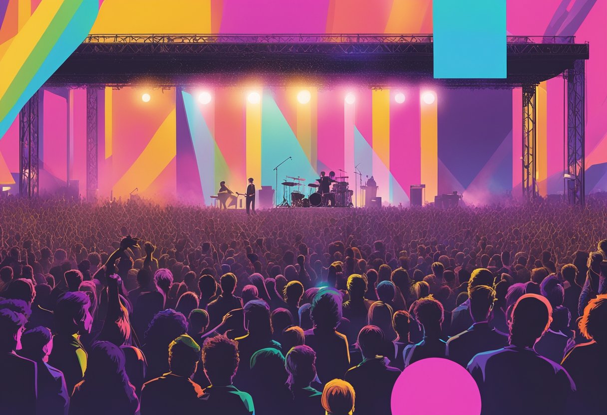 Crowd sways to music, colorful lights dance on stage, band members play instruments, and the 1975 logo shines in the background