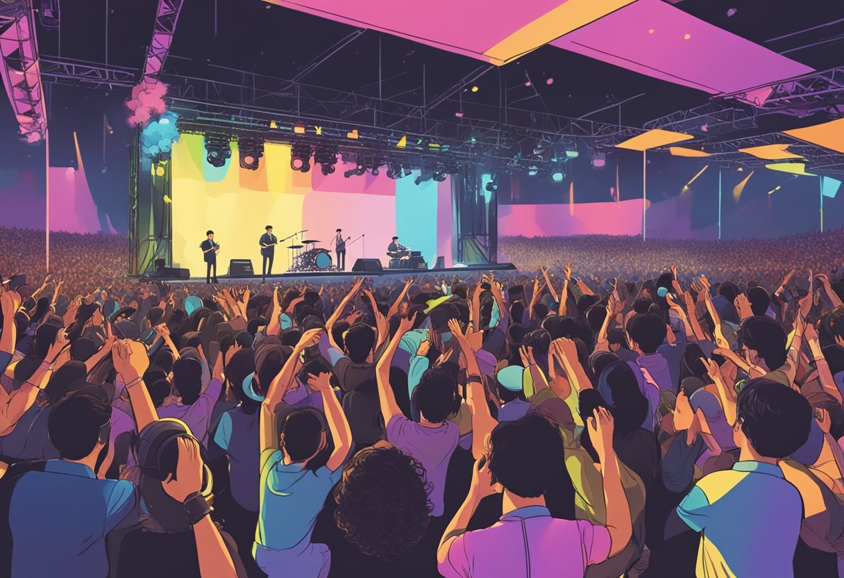 The band performs on stage under colorful spotlights at the 1975 Singapore concert. Crowd cheers in the background