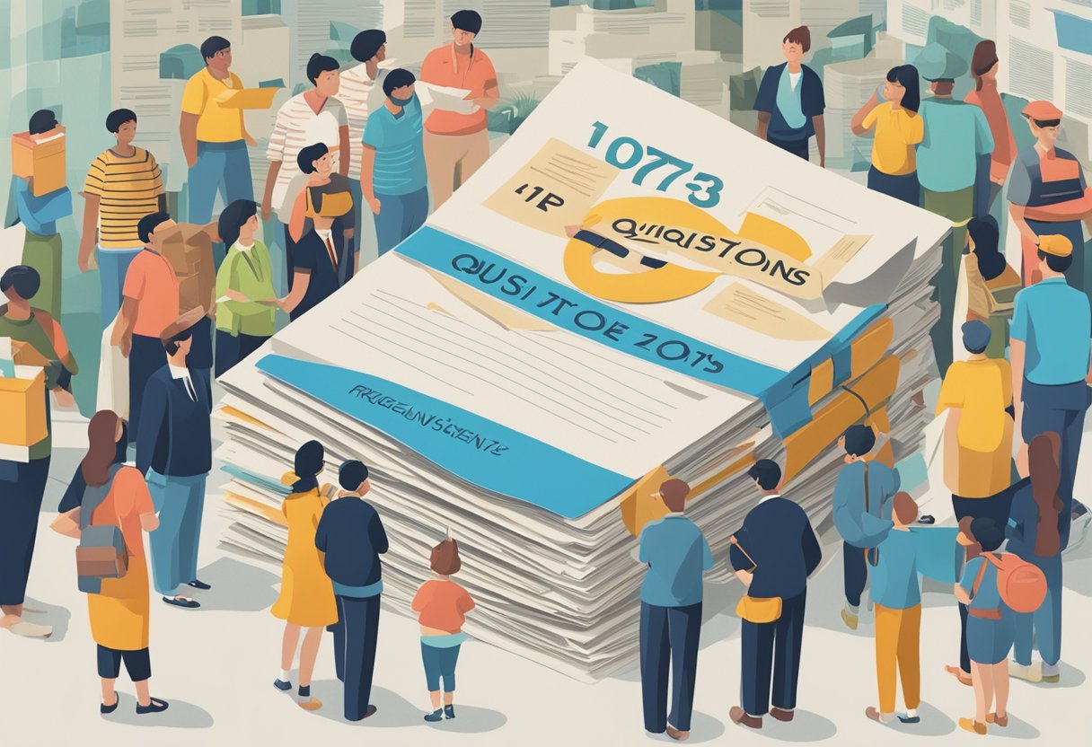 A stack of paper with "Frequently Asked Questions 1975 Singapore" printed on top, surrounded by curious onlookers