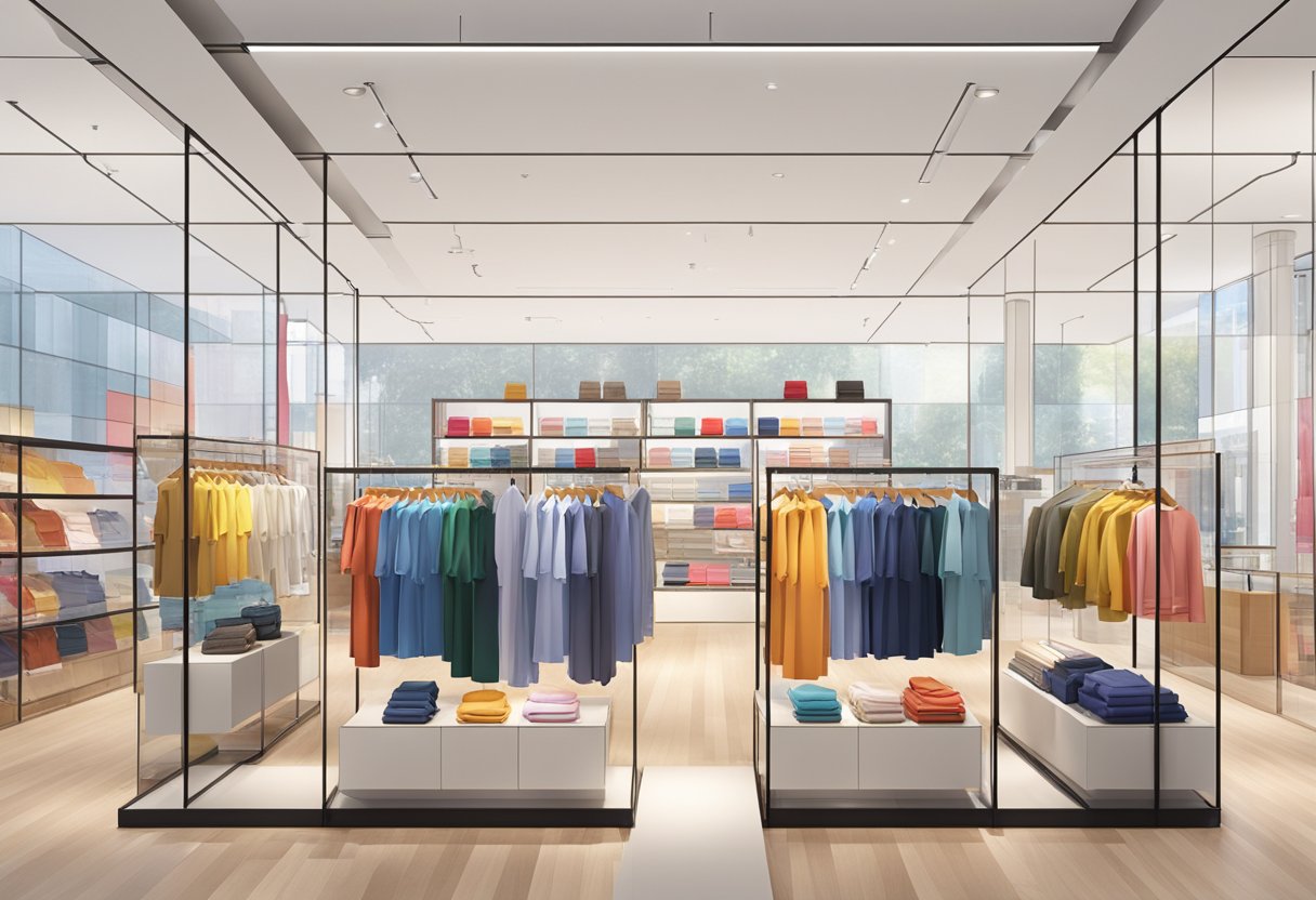 The Uniqlo Singapore location features a modern storefront with large glass windows, displaying colorful and neatly arranged clothing racks inside