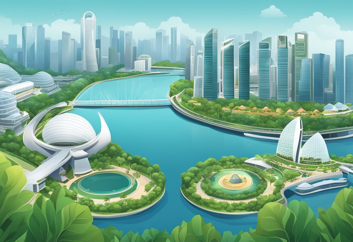 A bustling cityscape with iconic Singapore landmarks like the Marina Bay Sands and the Singapore Flyer, surrounded by lush greenery and modern architecture