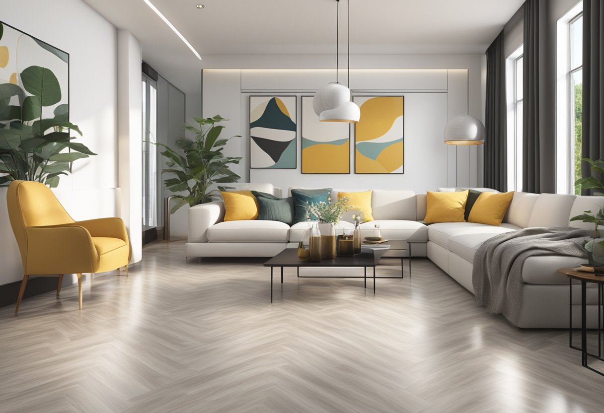 A room with modern vinyl flooring in a Singaporean home, featuring a sleek and glossy finish with a subtle pattern or texture