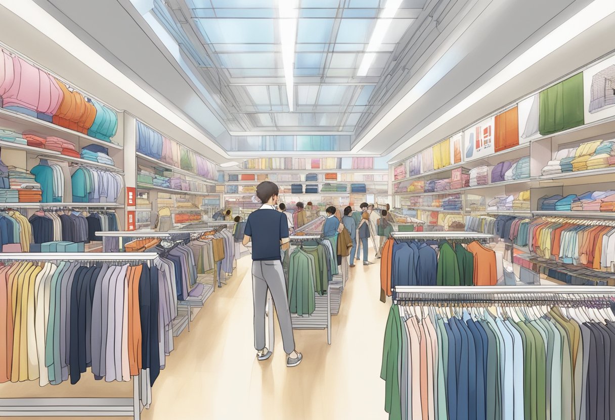 A bustling Uniqlo store in central Singapore, with colorful displays and busy shoppers browsing through racks of clothing