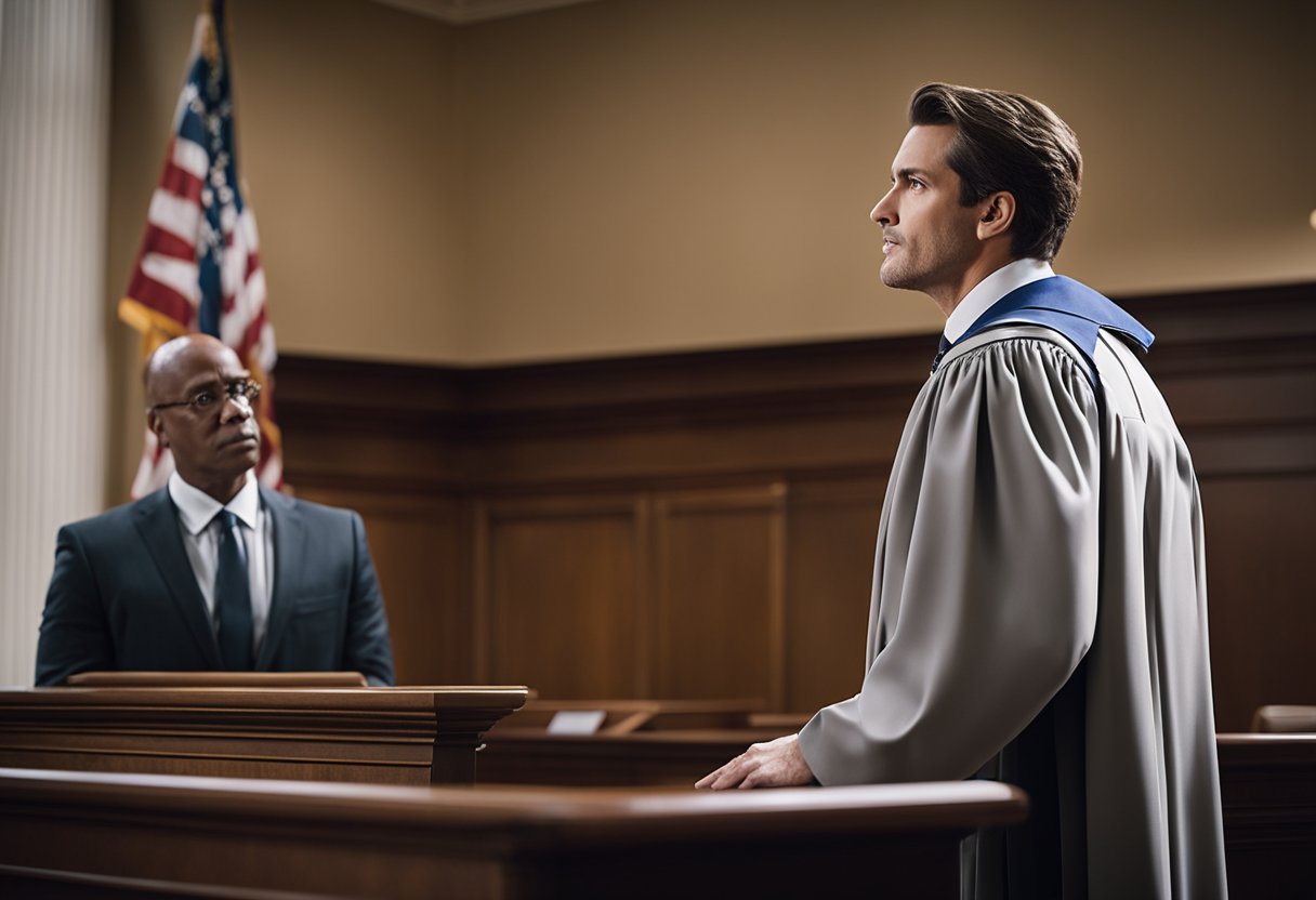 A federal civil litigation attorney standing before a judge in a courtroom, presenting evidence and making arguments to support their client's case