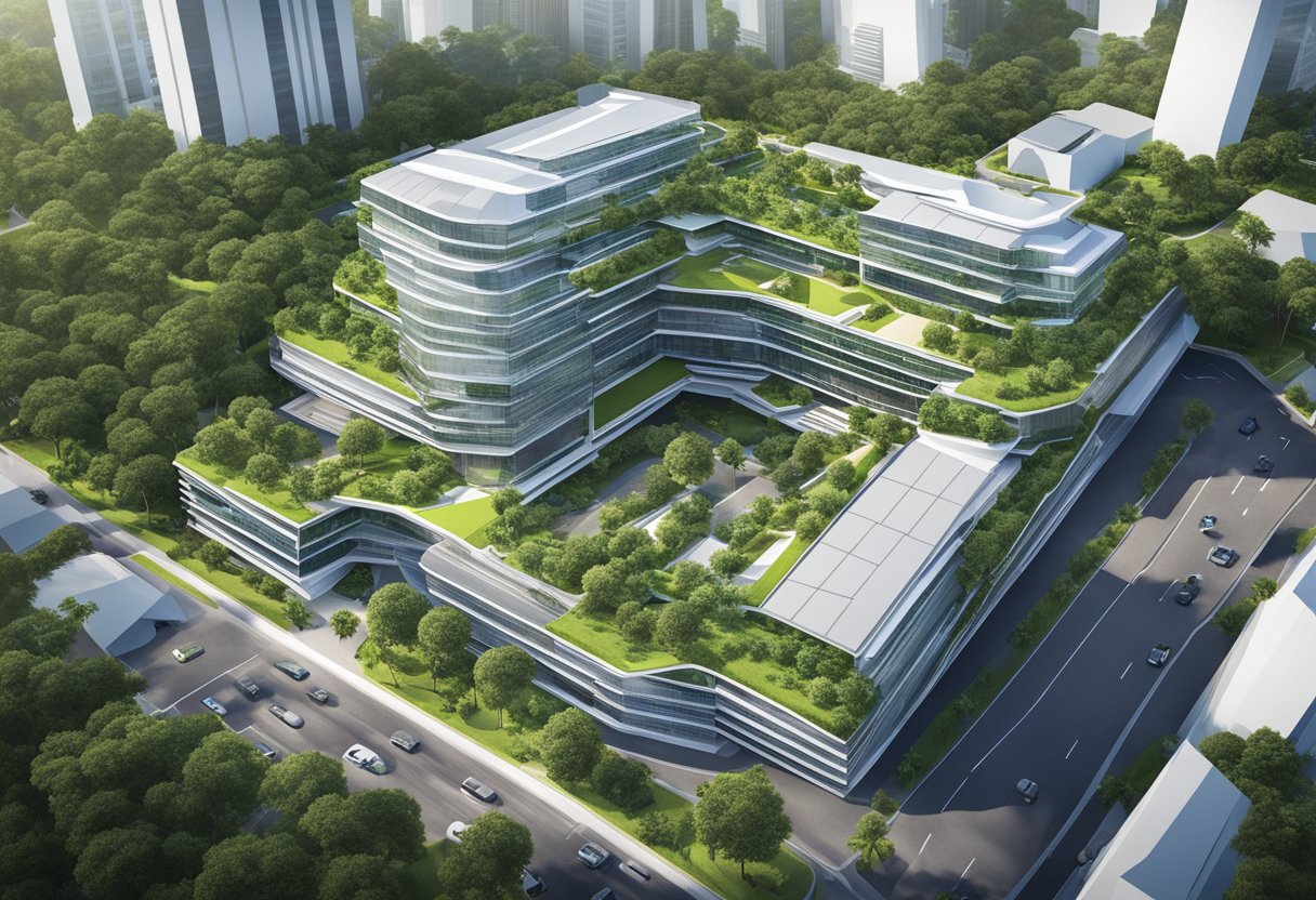 A bird's-eye view of UTAC Holdings headquarters in Singapore, with modern architecture and lush greenery surrounding the building