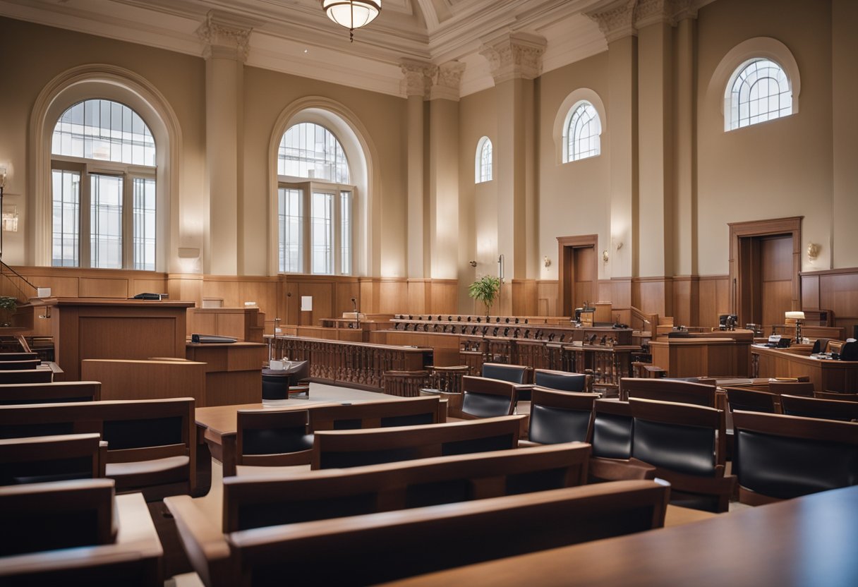 A federal courthouse with a judge's bench, attorney tables, and a jury box, symbolizing jurisdiction and venue in federal civil litigation