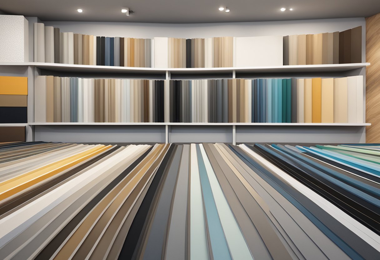 A person comparing different vinyl flooring samples in a Singapore showroom