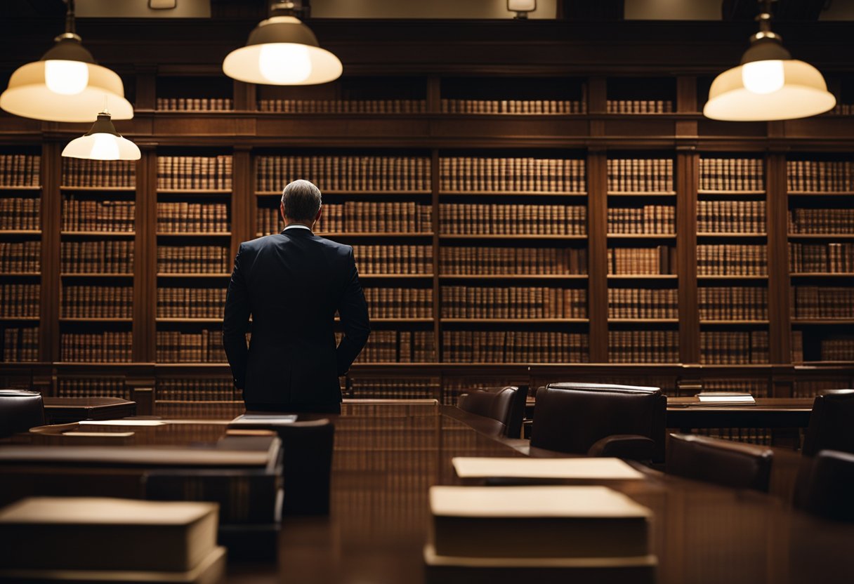 A federal civil litigation attorney studying the Federal Rules of Civil Procedure in a dimly lit law library, surrounded by towering shelves of legal texts
