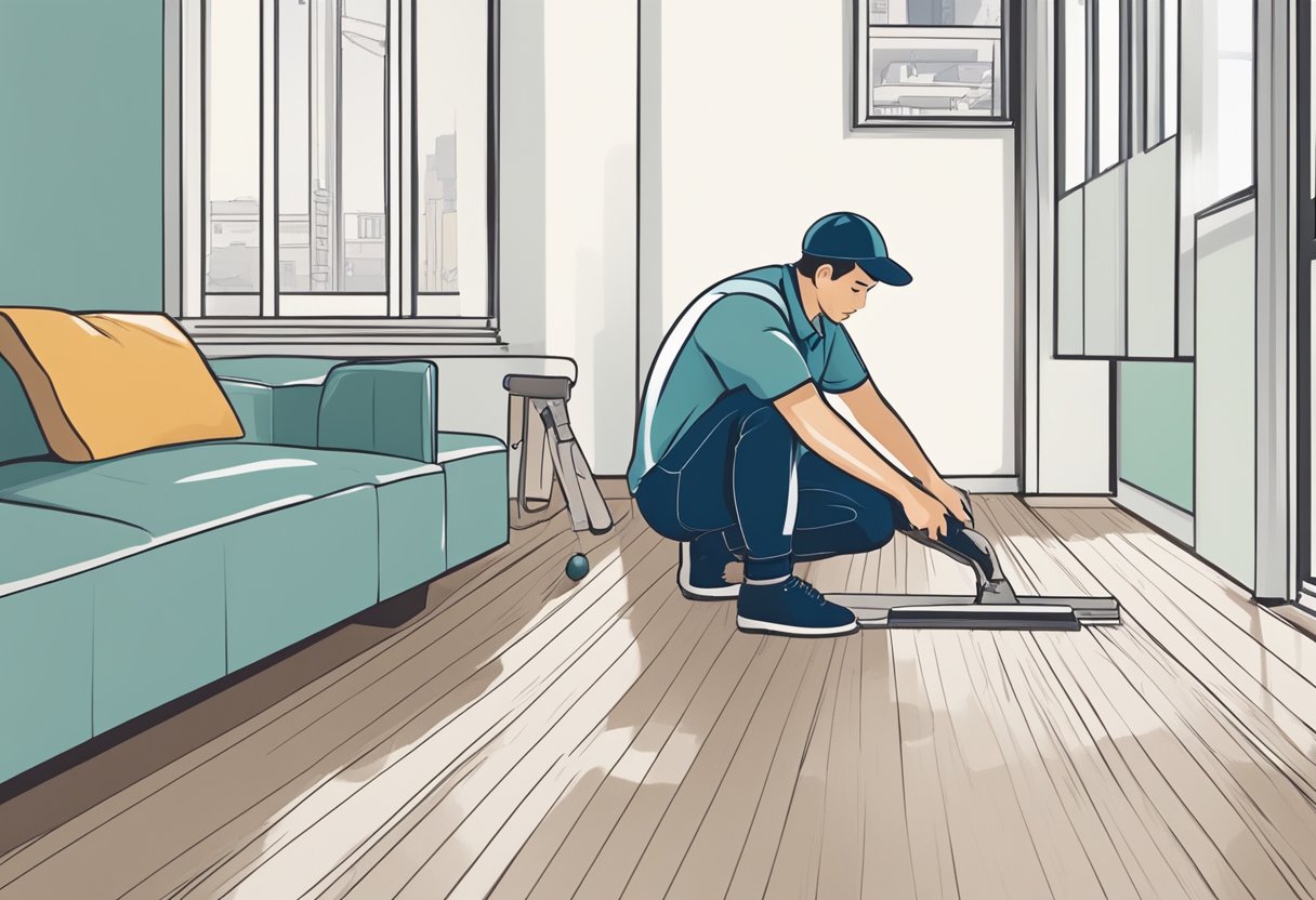 A worker installs vinyl flooring in a Singaporean home, using tools and adhesive. Maintenance includes cleaning and inspecting for damage