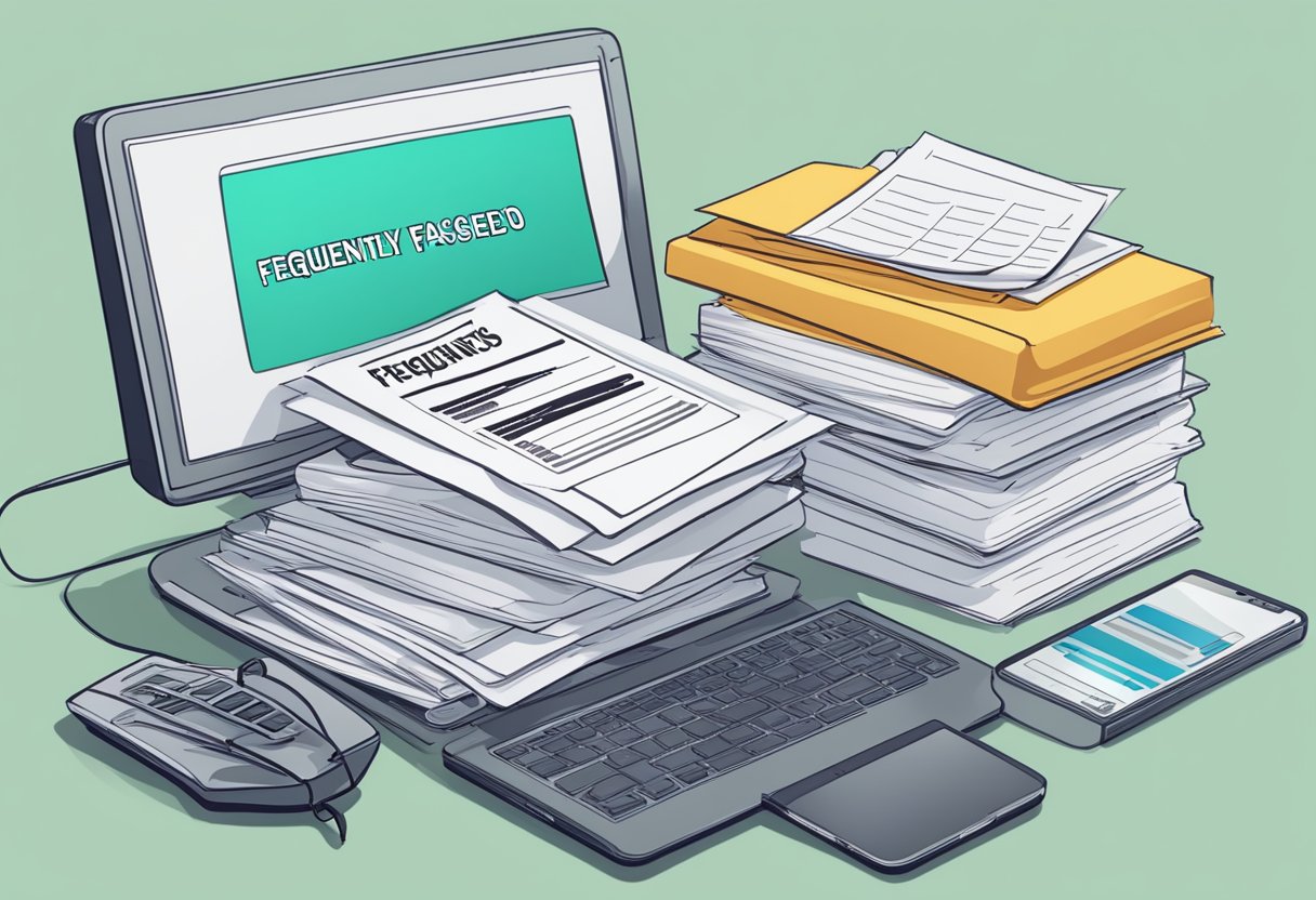 A stack of paper with "Frequently Asked Questions" printed on top, surrounded by a computer, phone, and pen