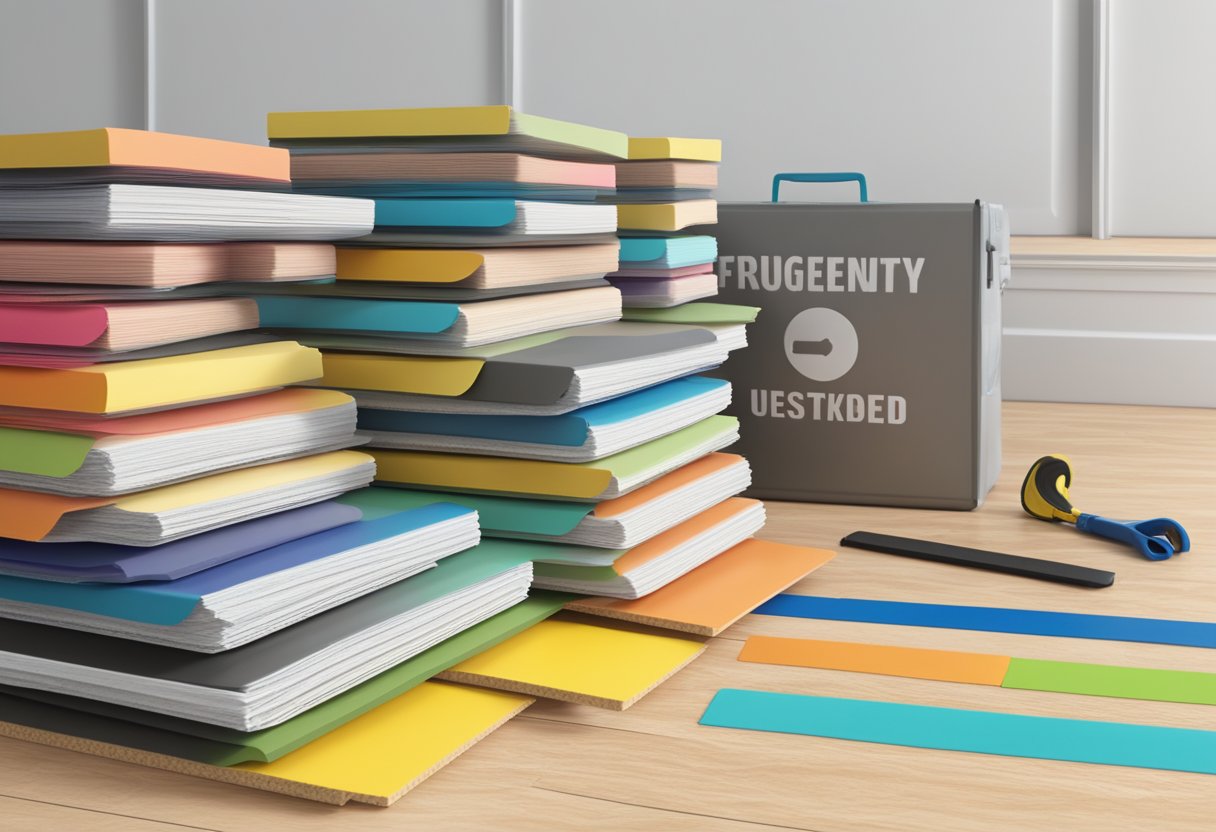 A stack of vinyl flooring samples with "Frequently Asked Questions" label, surrounded by measuring tape and flooring tools