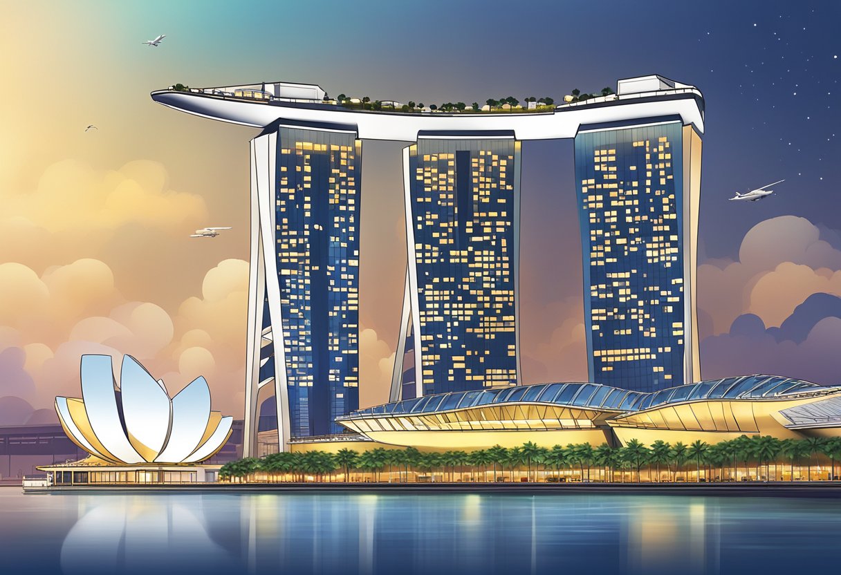 The iconic Marina Bay Sands in Singapore, with its three soaring towers and the distinctive boat-shaped SkyPark, overlooks the stunning city skyline and the shimmering waters of Marina Bay
