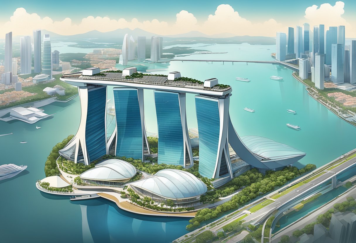 Aerial view of Marina Bay Sands in Singapore, with its iconic three towers connected by a sky park and infinity pool, overlooking the city skyline and waterfront