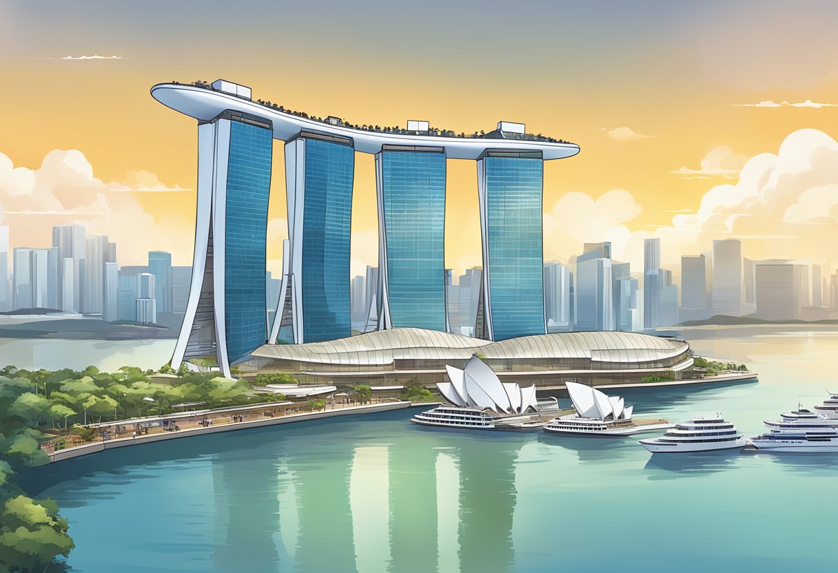 The iconic Marina Bay Sands in Singapore, with its three soaring towers and rooftop infinity pool, overlooks the stunning city skyline and bustling harbor below