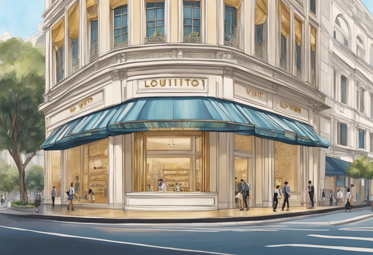 The iconic Louis Vuitton store in Singapore shines with its elegant architecture and luxurious window displays. The storefront is adorned with the brand's distinctive monogram pattern, drawing in passersby with its timeless allure