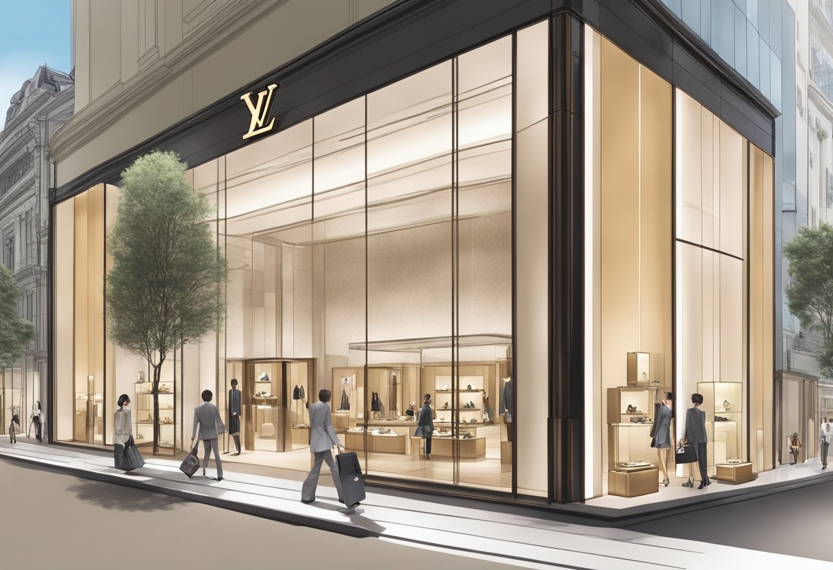 A sleek and modern Louis Vuitton store in Singapore, with a prominent display of the brand's iconic monogrammed handbags and accessories