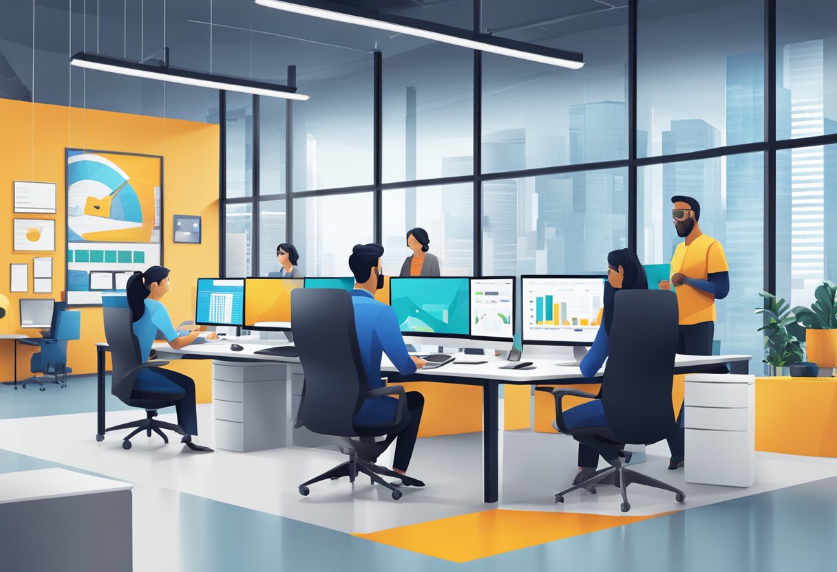 A sleek, modern office with a large digital screen displaying the FintechZoom Pro Services logo. A team of professionals work diligently at their desks, surrounded by cutting-edge technology