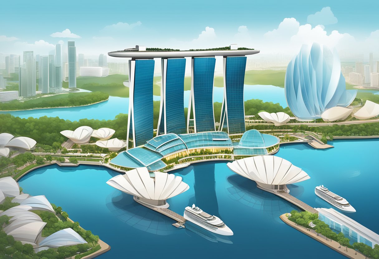 The iconic Marina Bay Sands in Singapore, with its three soaring towers and rooftop infinity pool, set against a backdrop of the city skyline and the sparkling waters of Marina Bay