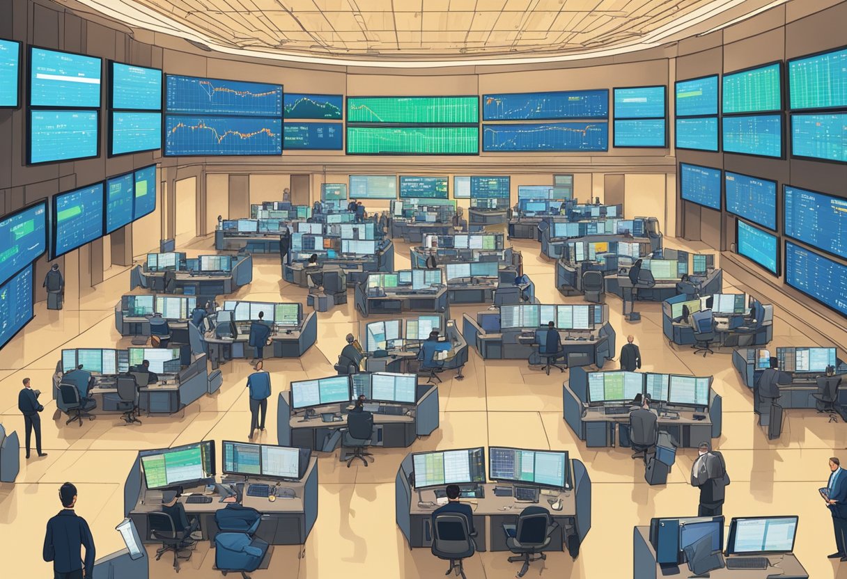A bustling stock exchange floor with traders analyzing screens showing fintech companies' stock performance. Tickers for QQQ and other tech stocks flash on the digital displays