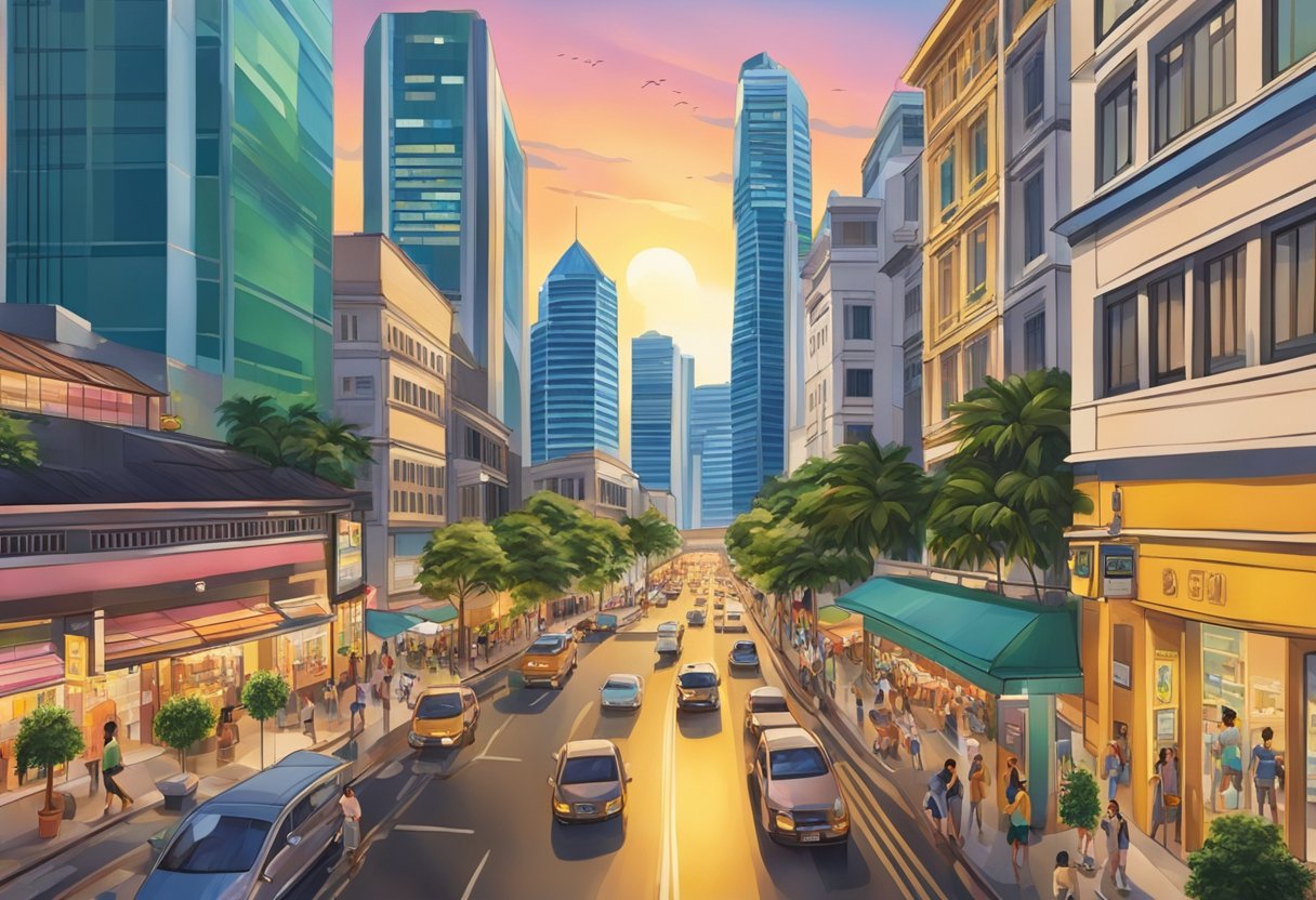 A bustling street in Singapore, with the iconic Maybank building towering over the surrounding shops and businesses. The sun sets, casting a warm glow on the vibrant city scene