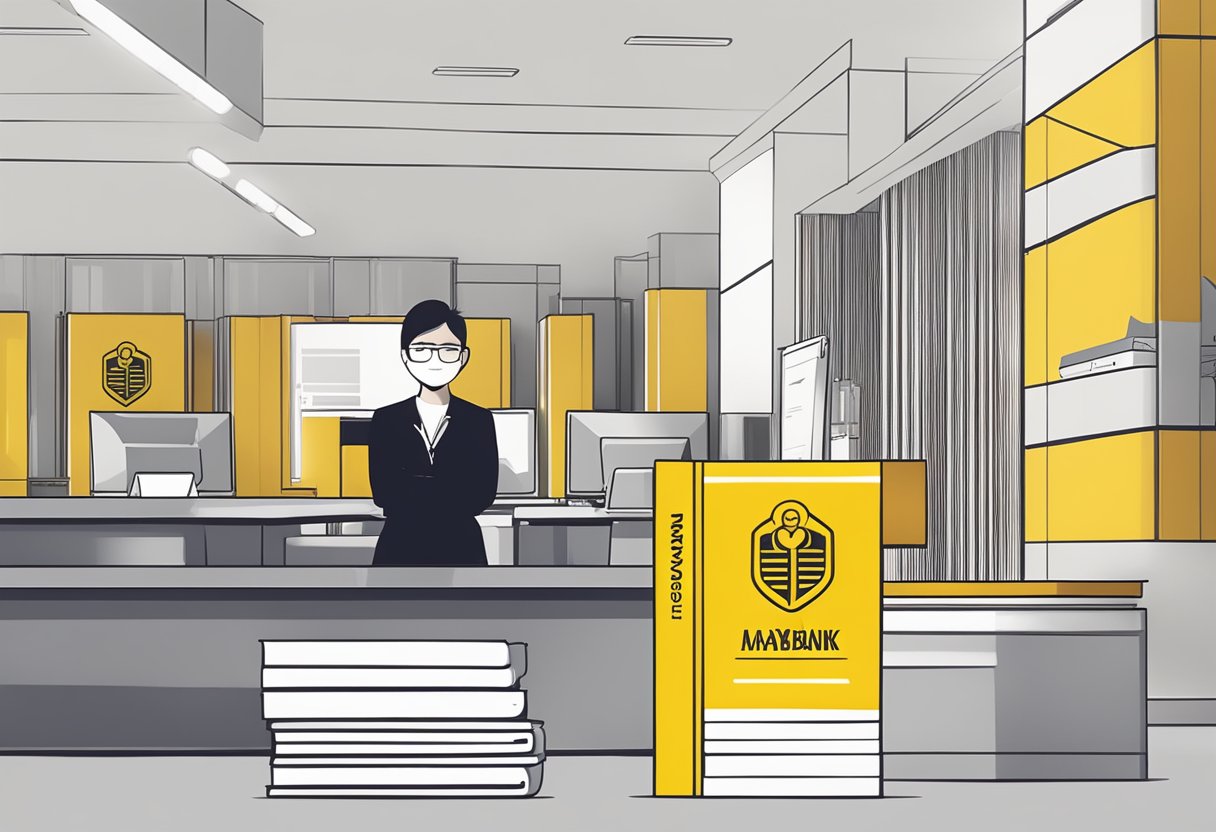 A stack of FAQ booklets with the Maybank Singapore logo, a customer service desk in the background