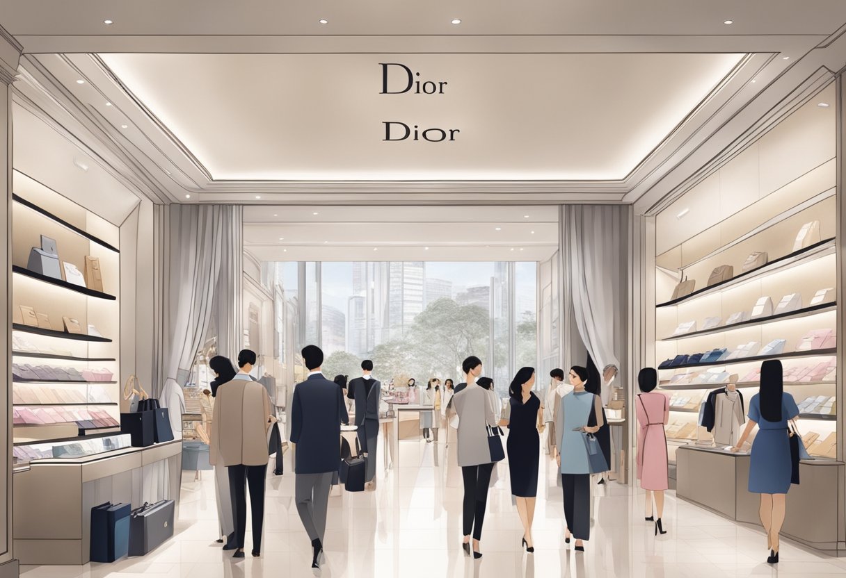 A bustling dior singapore store with customers browsing, elegant displays, and staff assisting