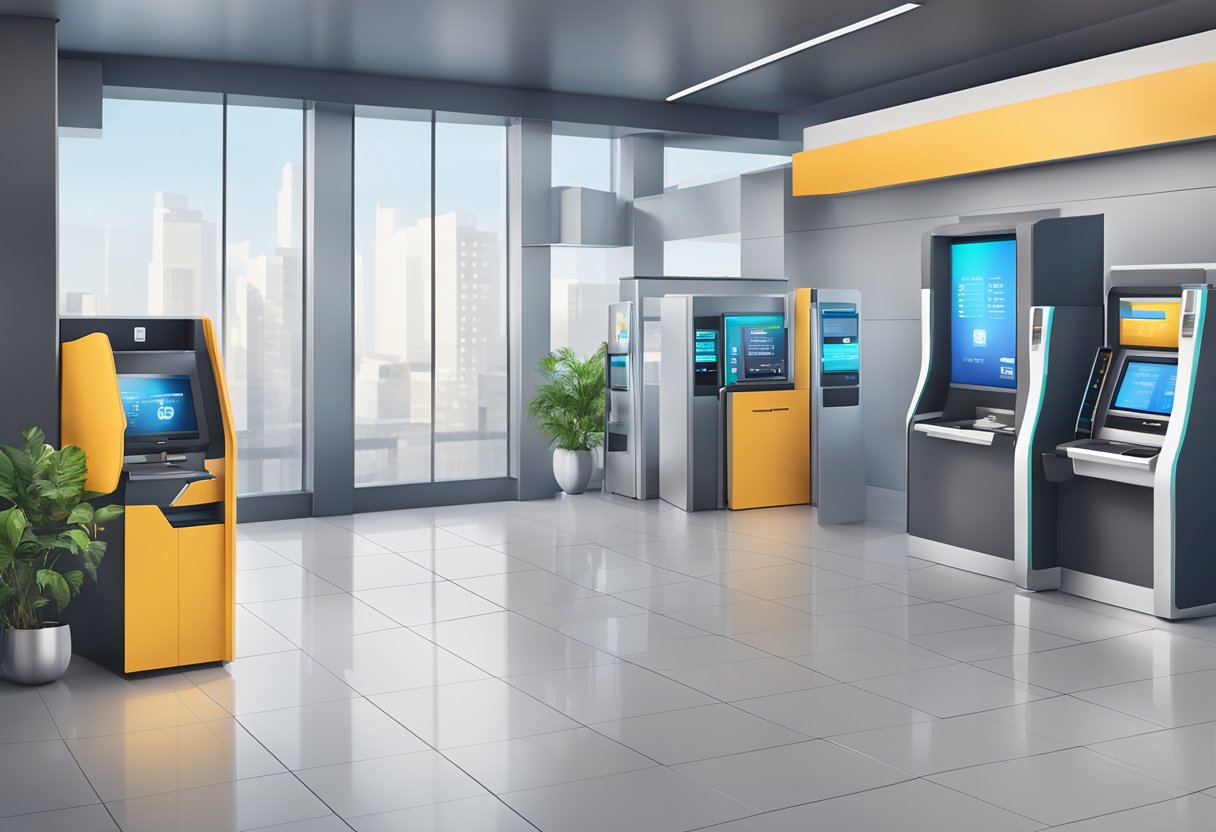 A sleek, modern bank branch with digital screens and high-tech ATMs, showcasing Key Financial Technologies' cutting-edge fintech solutions