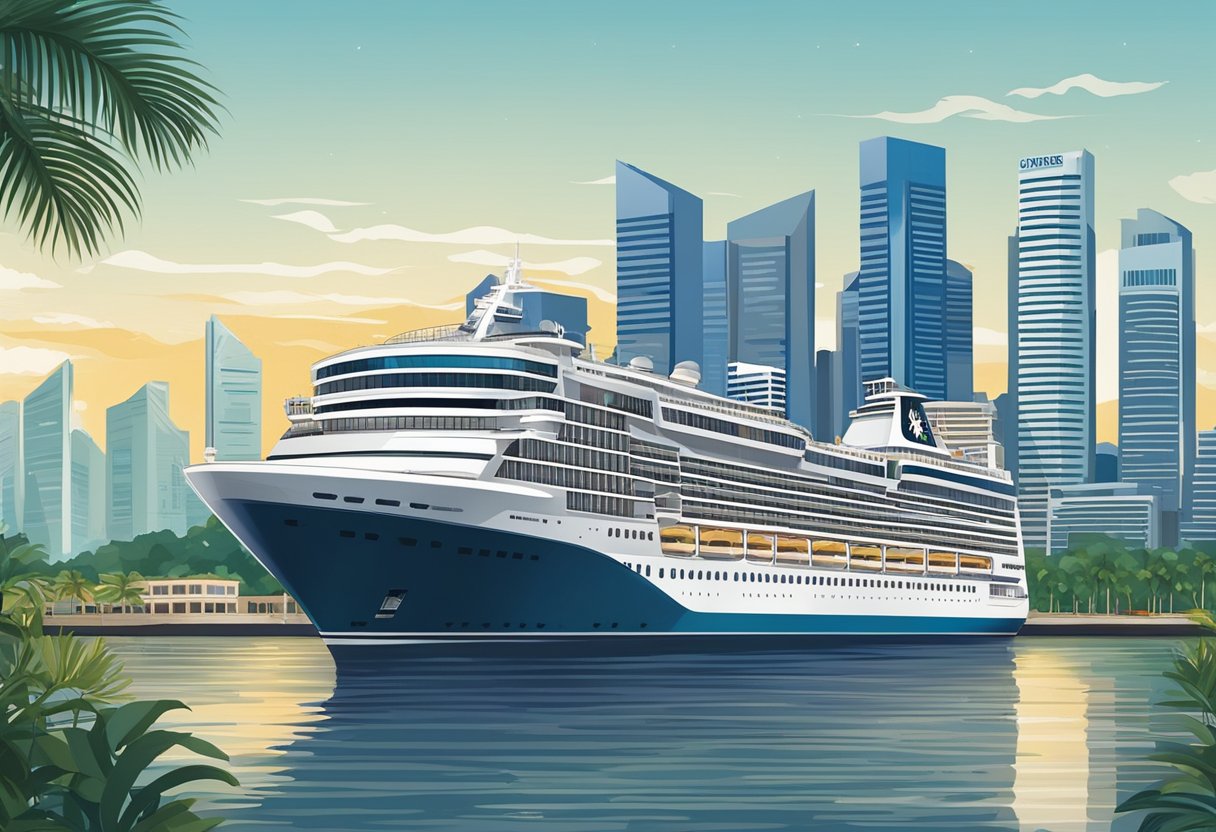 A luxurious cruise ship departs from the bustling port of Singapore, with the iconic city skyline in the background. The ship's grandeur and elegance are emphasized by the surrounding modern architecture