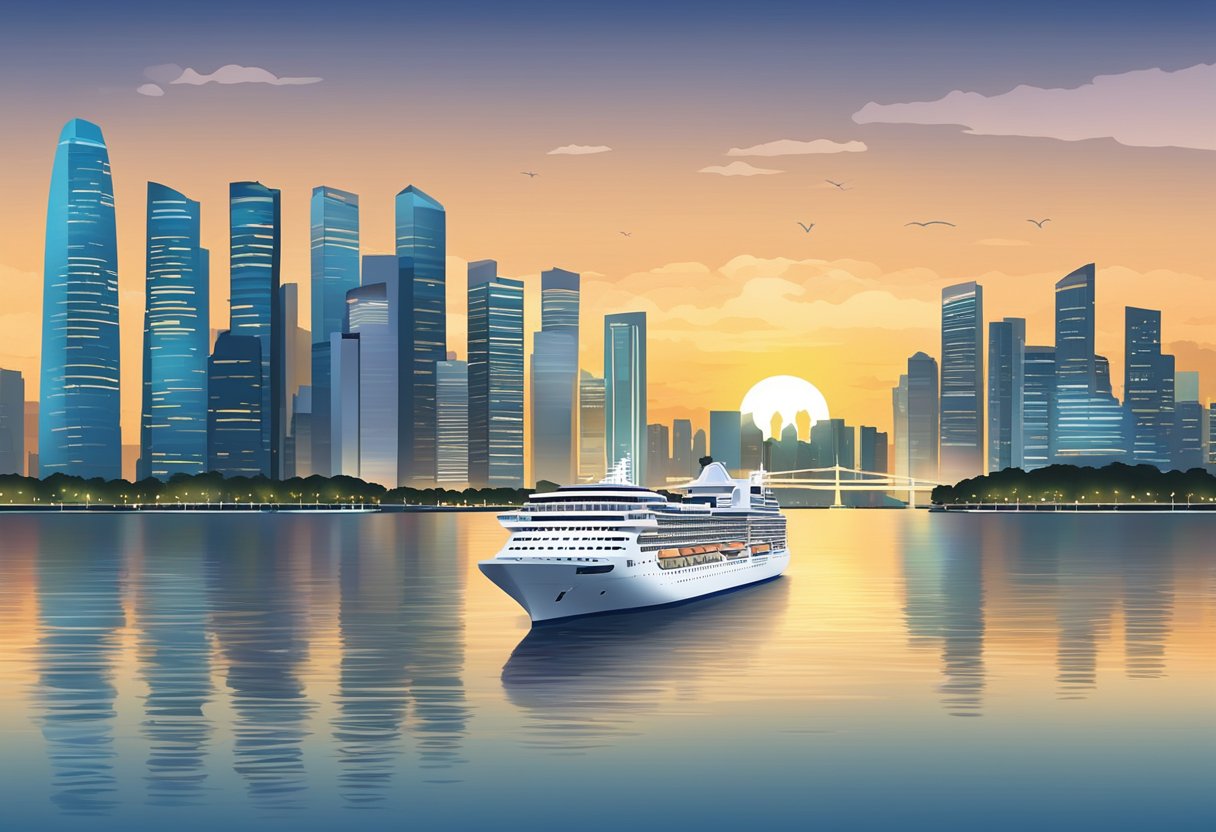 Cruise ship sailing past iconic Singapore skyline at dusk