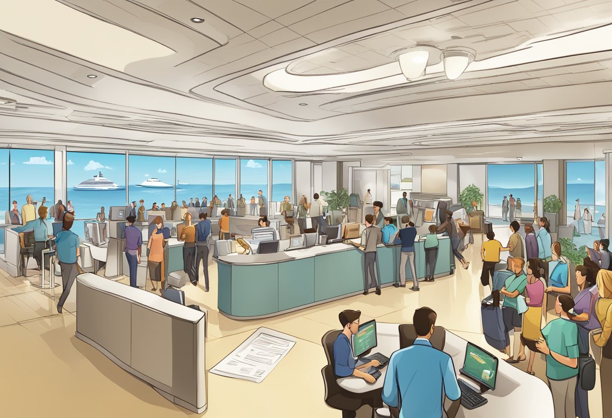 A bustling customer service desk with a prominent "Frequently Asked Questions" sign, surrounded by eager cruise passengers in a modern, spacious setting
