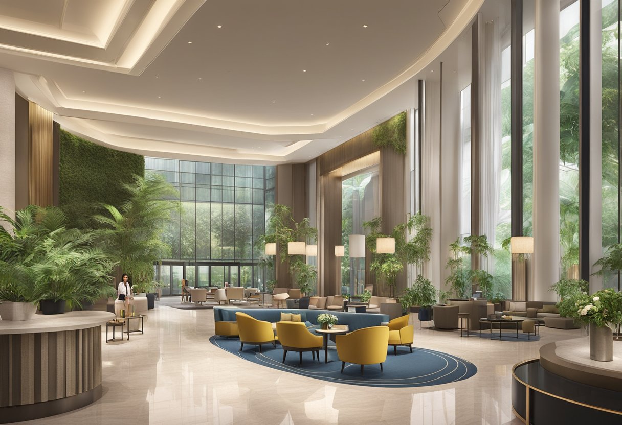 The hotel lobby at Hilton Singapore Orchard is adorned with modern furniture, lush greenery, and a welcoming reception desk. A concierge stands ready to assist guests, while a luxurious spa and fitness center beckon from the distance