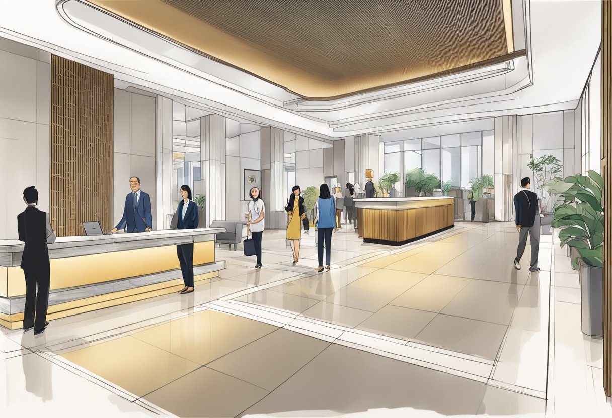 The lobby of Hilton Singapore Orchard, with a reception desk, modern decor, and guests milling about