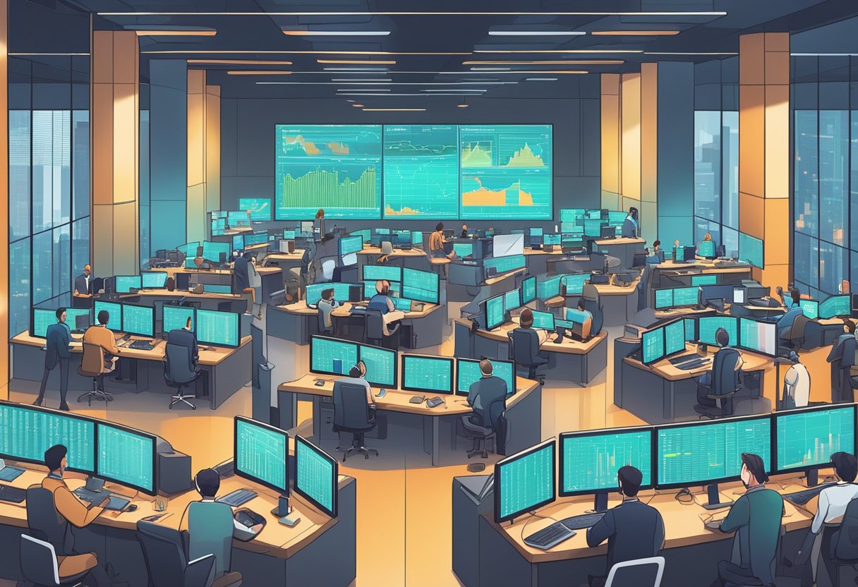 A bustling trading floor with digital screens displaying cryptocurrency prices, traders making quick decisions, and investment professionals analyzing market trends