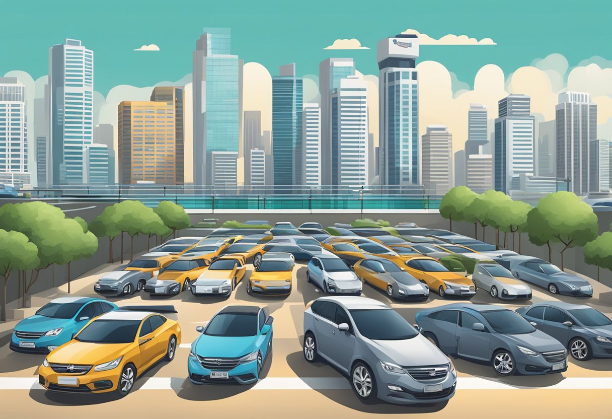 A line of rental cars parked in a lot, with a city skyline in the background and a sign displaying "Car Rental Singapore"