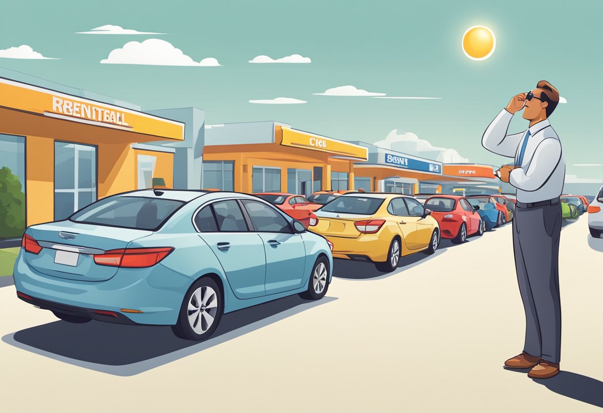 A customer stands in front of a row of rental cars, comparing prices and features. The sun shines down on the lot, and a sign advertises the company's competitive rates