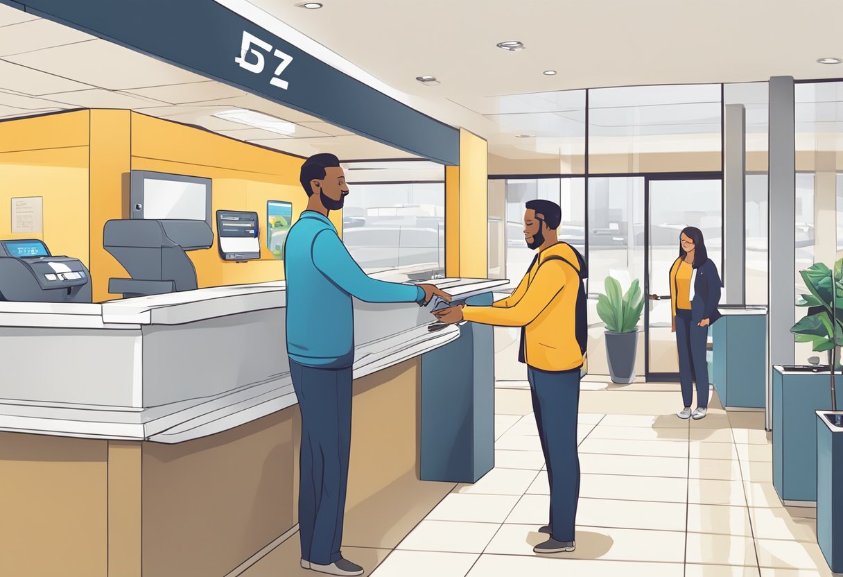 A customer effortlessly picks up keys at a clean, well-lit car rental counter, with friendly staff ready to assist