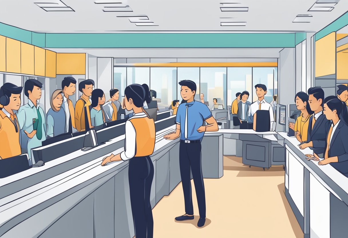 A customer service representative answers questions at a car rental counter in Singapore. The background shows a busy office with people waiting in line