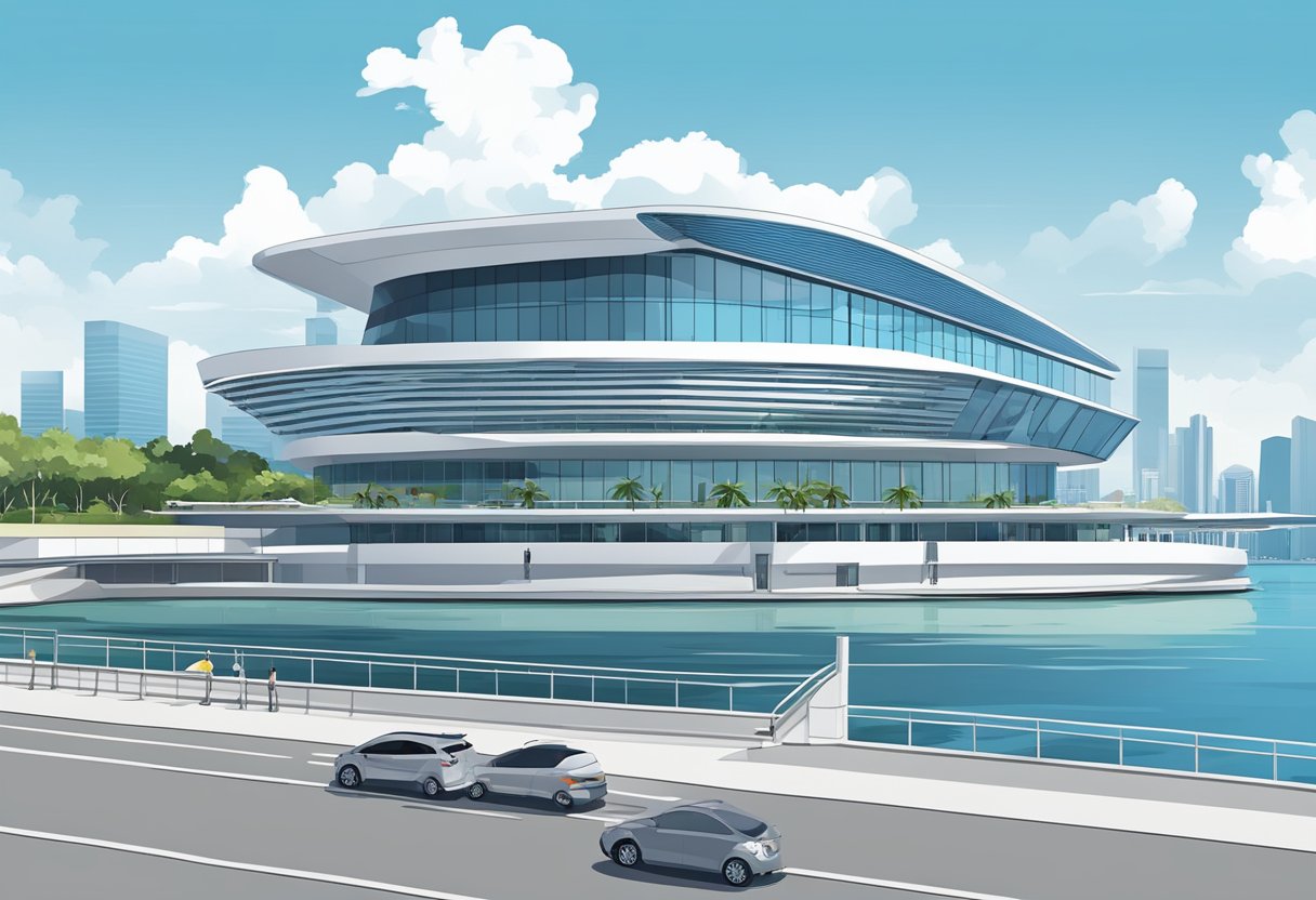 The Marina Bay Cruise Centre in Singapore, with its sleek modern architecture, overlooks the calm waters of the bay under a clear blue sky