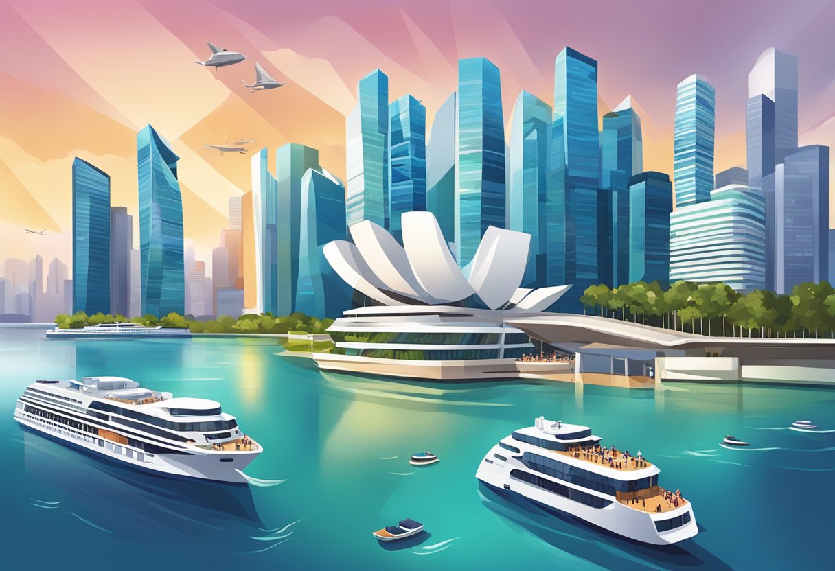 The Marina Bay Cruise Centre bustles with activity as boats come and go, surrounded by modern architecture and the iconic Singapore skyline