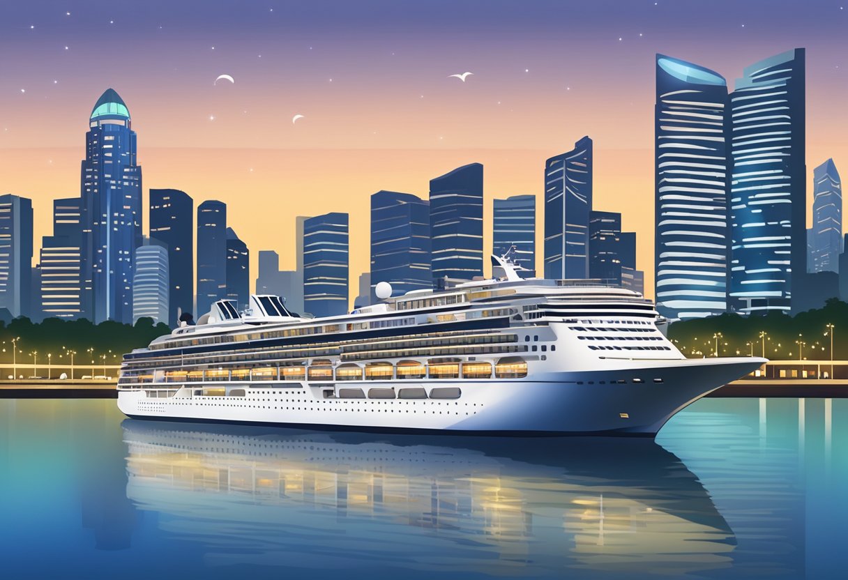 The cruise ship glides into Marina Bay, with the iconic skyline of Singapore in the background. The calm waters reflect the city's lights, creating a picturesque scene for travelers embarking on their journey