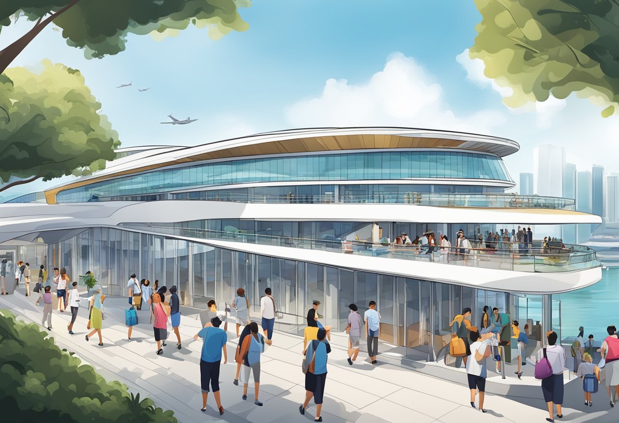 The Marina Bay Cruise Centre in Singapore bustles with visitors seeking information, standing in line, and admiring the sleek, modern architecture