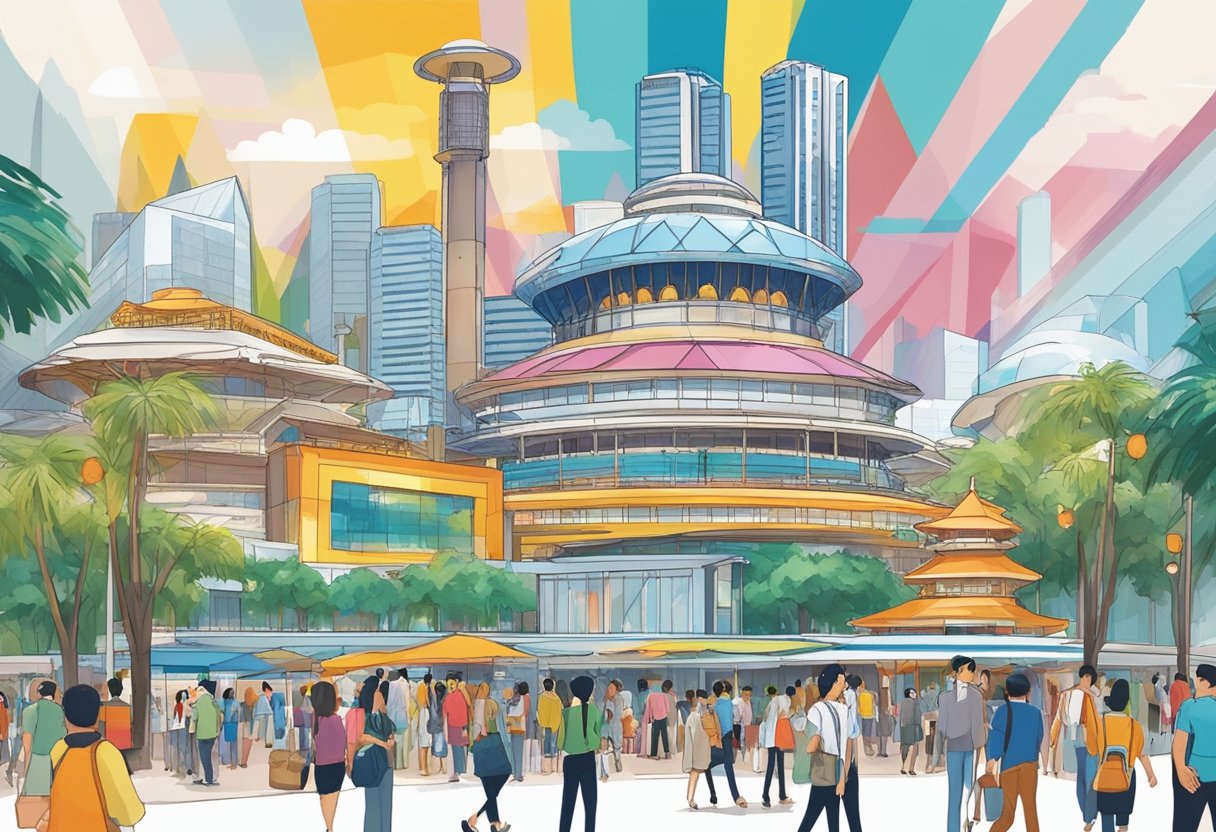 The Singapore Expo buzzes with activity, as visitors explore the vast exhibition halls and colorful displays. The iconic architecture of the building stands tall against the backdrop of the vibrant cityscape