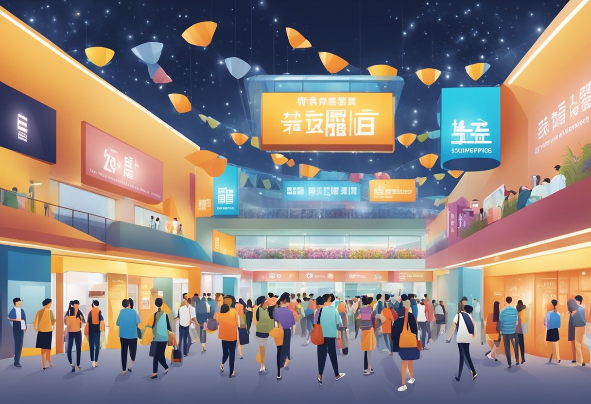 Crowds entering Singapore Expo, passing through grand entrance, with banners and signs welcoming visitors. Bright lights and bustling atmosphere