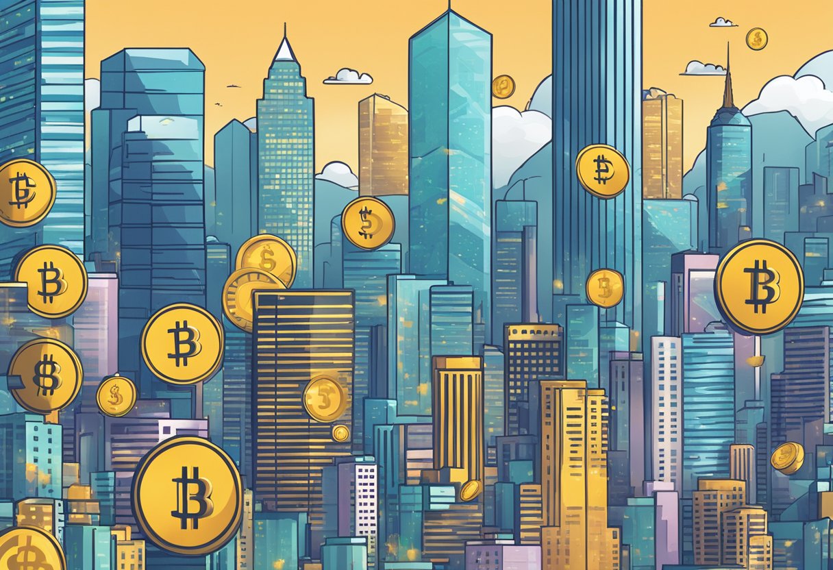 A bustling city skyline with digital currency symbols floating above financial buildings