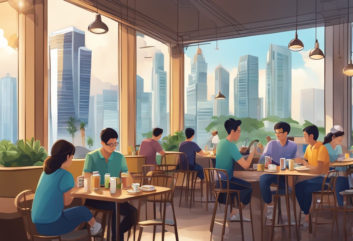 A bustling cafe in Singapore with colorful decor, steaming cups of coffee, and a view of the city skyline
