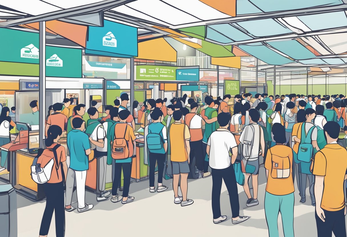 Attendees lining up at information booths, vendors showcasing products, and staff assisting visitors at the Singapore Expo's Frequently Asked Questions event