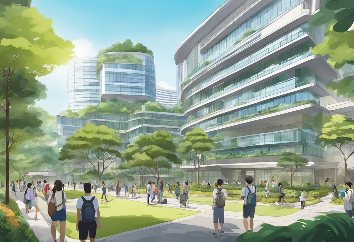 A bustling campus at James Cook University Singapore, with modern buildings and lush greenery