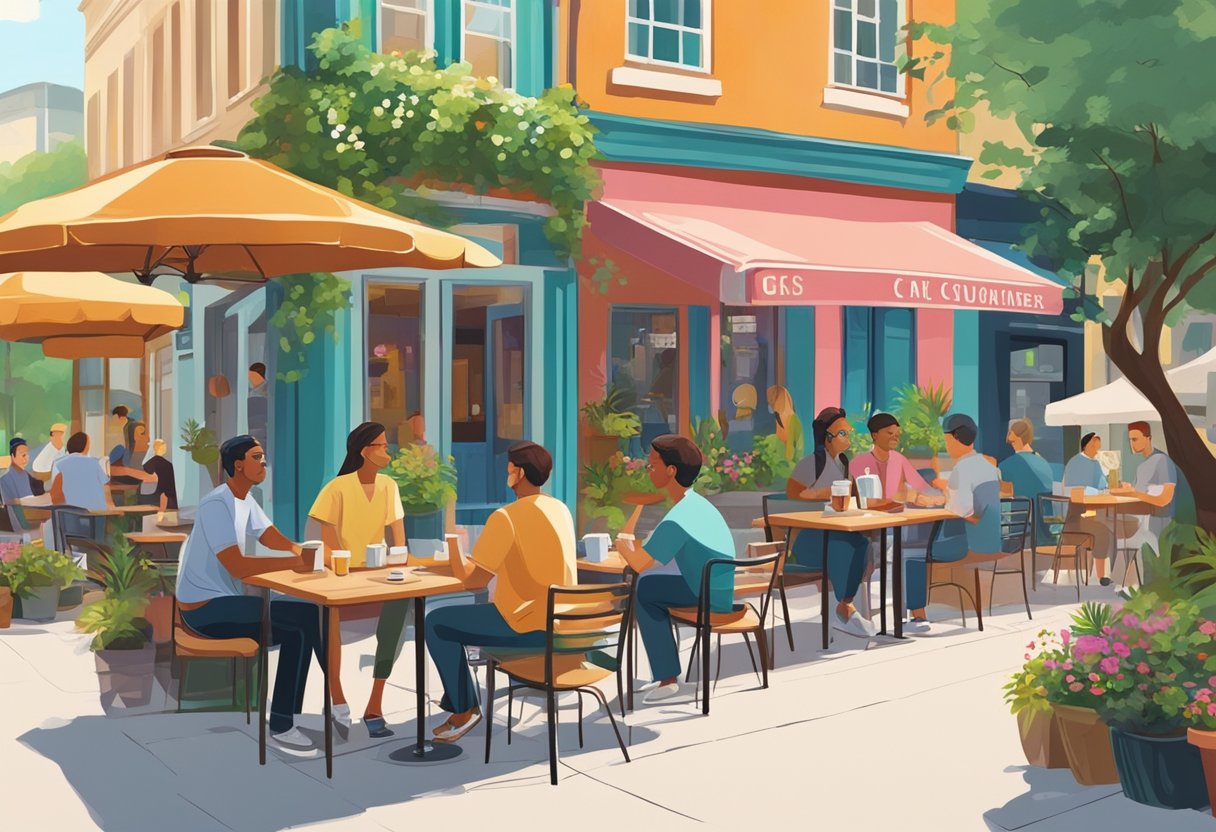Customers chatting at outdoor tables, sipping coffee. Colorful buildings and lush greenery in the background. A bustling, vibrant atmosphere