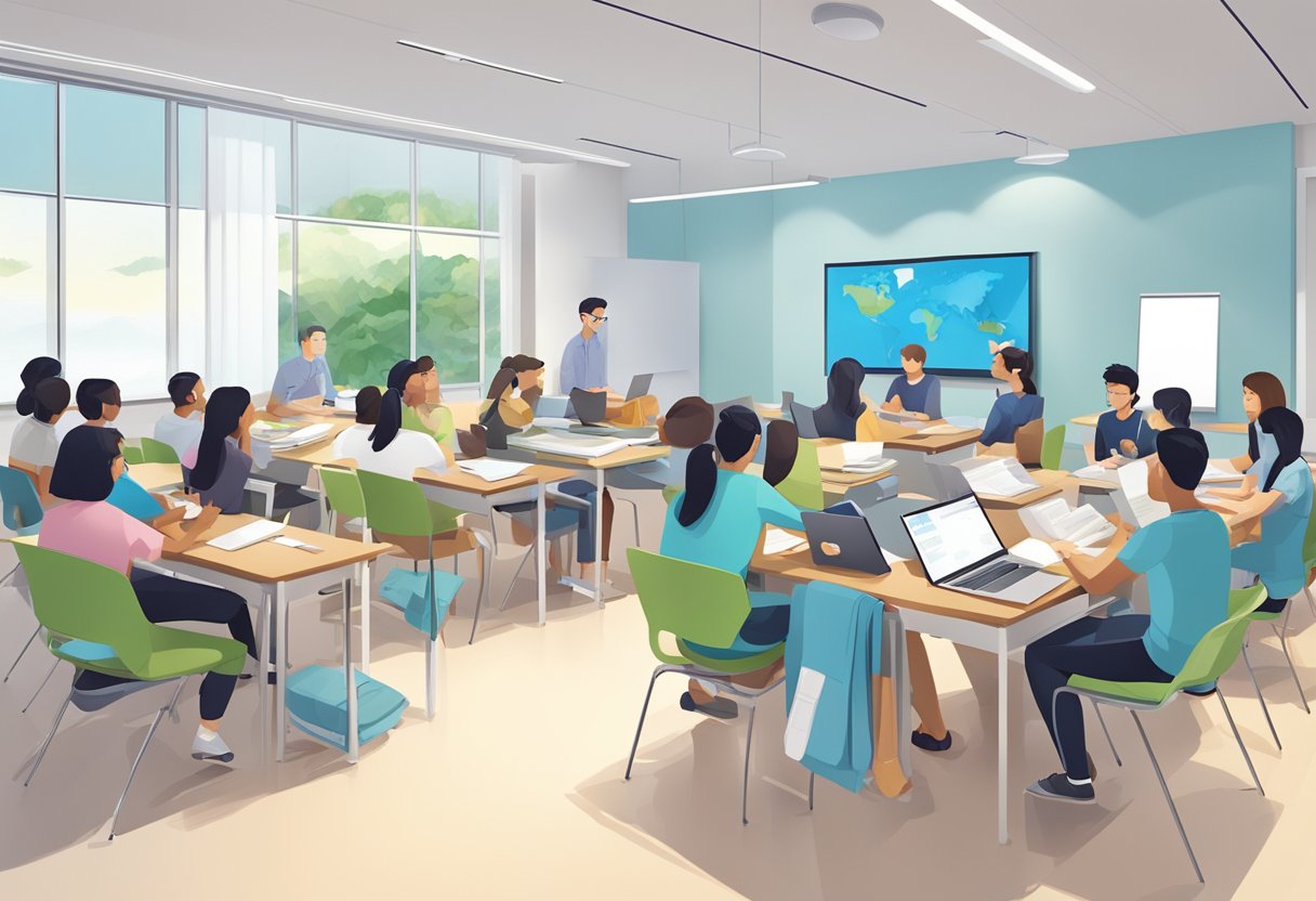 Students engaging in academic programmes at James Cook University Singapore, with textbooks, laptops, and collaborative discussions in a modern classroom setting
